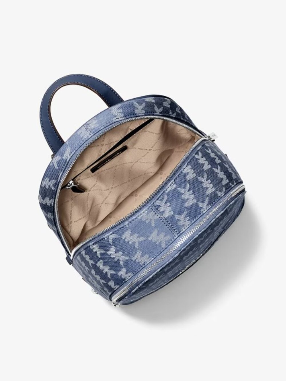 NWT Michael Kors Rhea Medium Logo Jacquard Denim Backpack Blue Silver Hardware - Picture 2 of 2